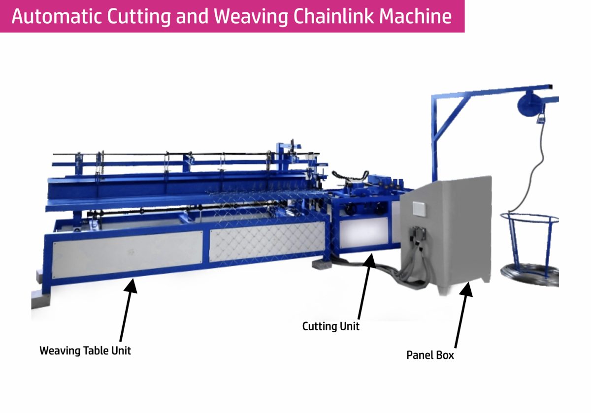 Automatic cutting and weaving chain link machine with weaving table unit, cutting unit and panel box labelled